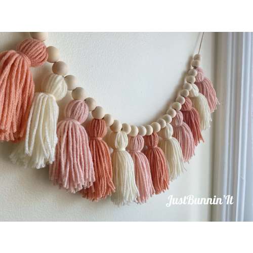 Blush & Cream Tassel Garland, Blush Nursery Decor Girl, Pink Baby Shower Decor, Boho Wall Decor Girls Bedroom, Yarn Garland French Rose