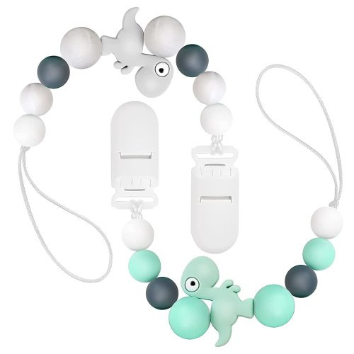 Pacifier Clips for Baby, Universal Food Grade Silicone Pacifier Holder for Boys and Girls, Teething Toys Teethers - 2 Pack (Green+Grey)
