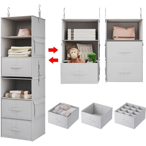 Vailando 6-Shelf Hanging Closet Organizer, 2 Separable 3-Shelf Hanging Shelves with 3 Drawers for Wardrobe, Nursery, Baby Clothes Organization and Storage