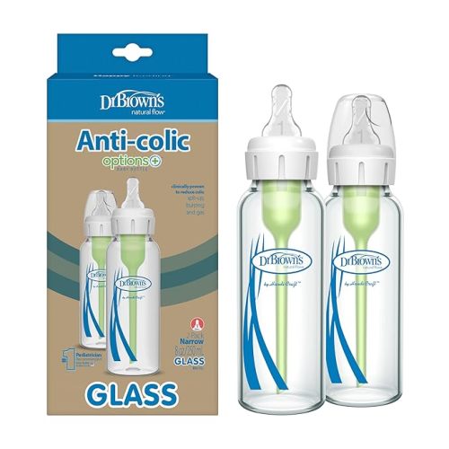 Dr. Brown's Natural Flow Anti-Colic Options+ Narrow Glass Baby Bottle 8 oz/250 mL, with Level 1 Slow Flow Nipple