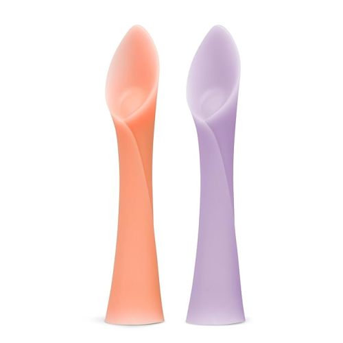 Olababy 100% Silicone Soft-Tip Training Spoon for Baby Led Weaning 2pack (Coral/Lilac) - Training Spoon Set - Coral / Lilac