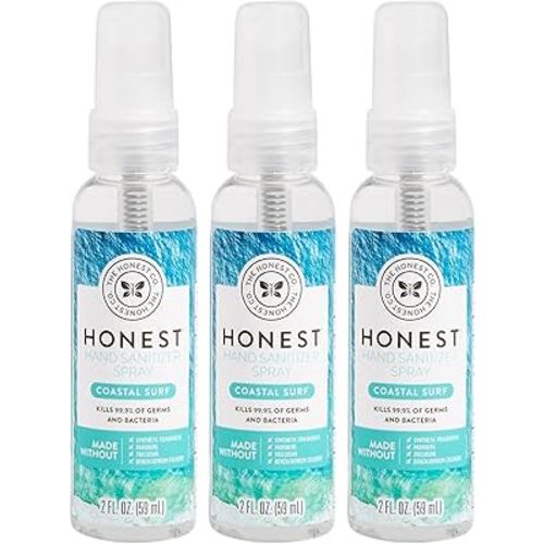 The Honest Company Plant-Based Hand Sanitizer Spray | Kills 99.9% of Germs | Hypoallergenic, Quick-drying + Moisturizing | Coastal Surf, 2 fl oz each (pack of 3)