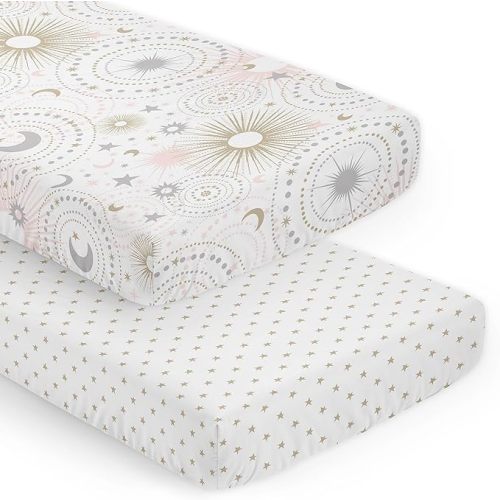 Sweet Jojo Designs Blush Pink Gold Star and Moon Girl Baby Fitted Crib Sheet Set for Infant Newborn Nursery Toddler Bed Room Standard Mattress - 2 Pieces - Grey Celestial Sky Stars Gray Shabby Chic