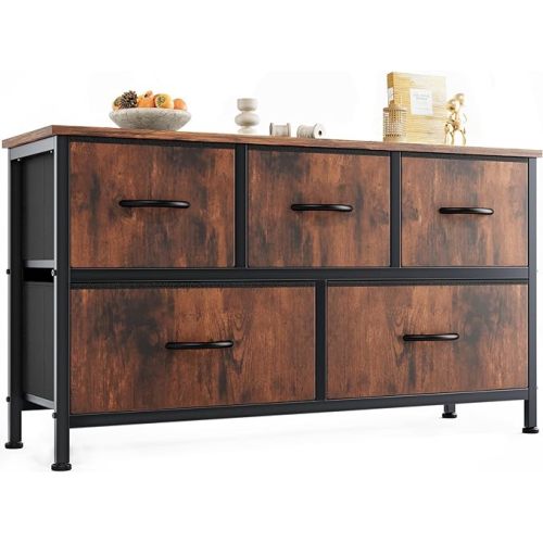 OLIXIS Dresser for Bedroom with 5 Drawers, Wide Chest of Drawers, Fabric Bedroom Dresser with Drawer Organizers, Storage Organizer Unit with Fabric Bins for Closet, Living Room, Hallway, Rustic Brown