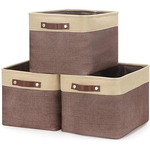 HNZIGE Large Fabric Storage Bins (3 Pack) Canvas Baskets for Storage Clothes Toys, Closet Baskets with Handles for Organizing Baby Nursery Closet Shelves Organization(Gold&Brown, 15" X 11" X 9.5")