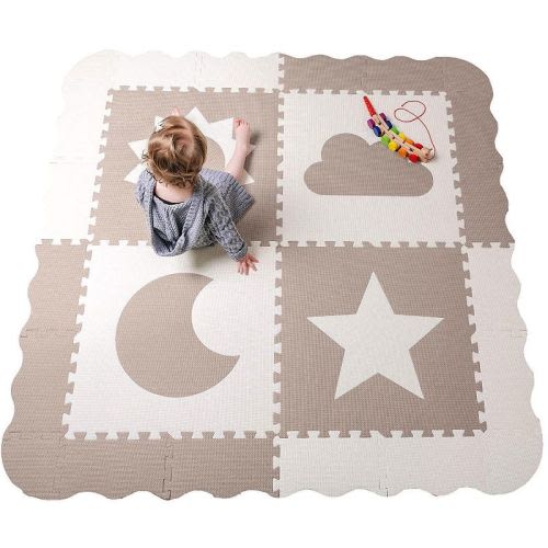 Childlike Behavior Baby Play Mat Tiles - Non Toxic Foam Floor Mat For Playroom & Nursery, 61"x61" X-large, Biege