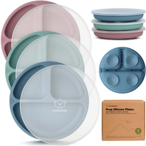 3-pack Prep Suction Plates With Lids, 100% Silicone Baby Plates With Lid, Bpa-free Kids Divided Toddler Plates