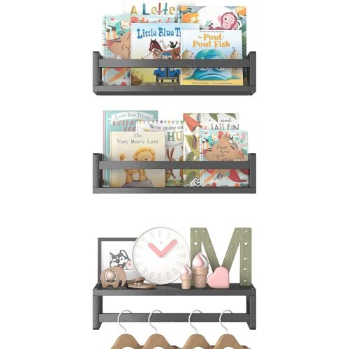 Floating Nursery Book Shelves for Wall, 15.7 Inch Nature Solid Wood Wall Mounted Bookshelf Set of 3, Hanging Bookshelves for Kids Room, Bedroom Nursery Decor and Book Storage (Black)