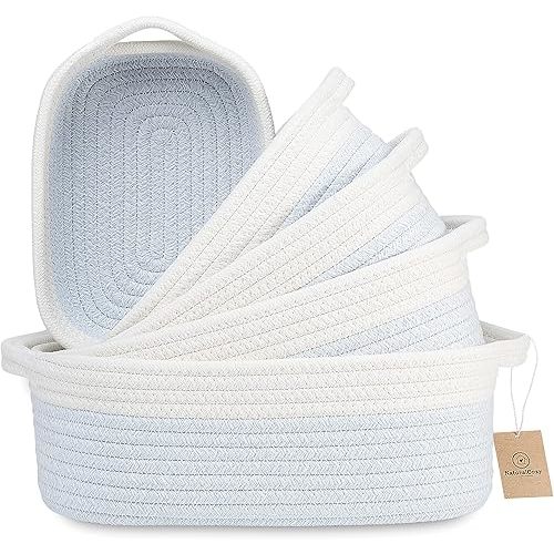NaturalCozy 5-Piece Rectangle Storage Basket Set- Natural Cotton Rope Woven Baskets for Organizing! Small Basket for Montessori, Baby Nursery, Dog Toy Baskets, Cat Toy Box, Bathroom Organization Bin