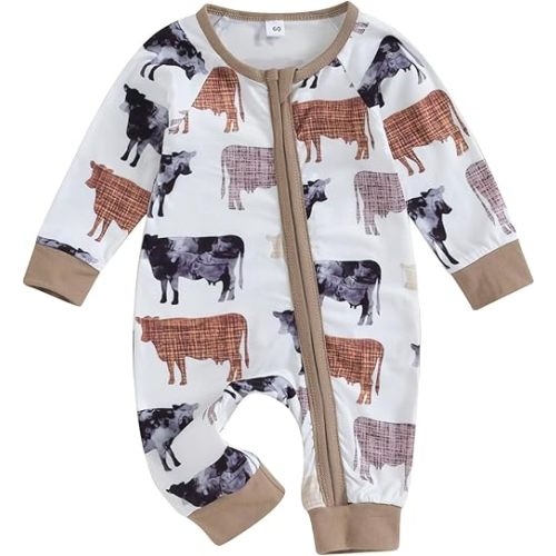 SAYOO Western Baby Cowboy Clothes Neutral Zipped Fall Romper Outfit for Boy Girl Infant Lapel Cow Print One-piece Jumpsuit