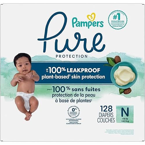 Pampers Pure Protection Diapers Newborn - Size 0, 128 Count, Hypoallergenic Unscented Disposable Baby Diapers