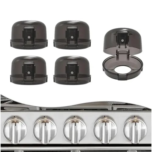 Stove Knob Covers - 5 Pack Heat Resistant Gas Stove Knob Covers with Child Proof Lock & Strong Adhesive, Oil-Proof Oven Knob Covers with Semi-Transparent Design, Black