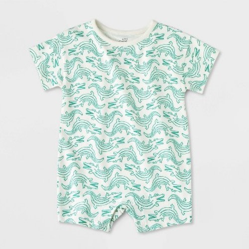 Baby Boys' Printed Romper - Cat & Jack™ Cream 18M: Cotton Blend, Recycled Polyester, Spandex, Tagless, Crotch Snap, Knit Jersey