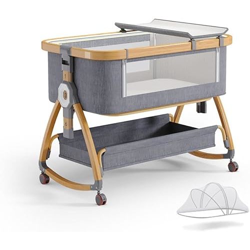 Baby Bassinet, Bedside Bassinet for Baby, 4 in 1 Portable Bassinet Bedside Sleeper with Wheels Mosquito Net & Storage Basket, 6 Height Adjustable Rocking Bassinet for Newborn Baby