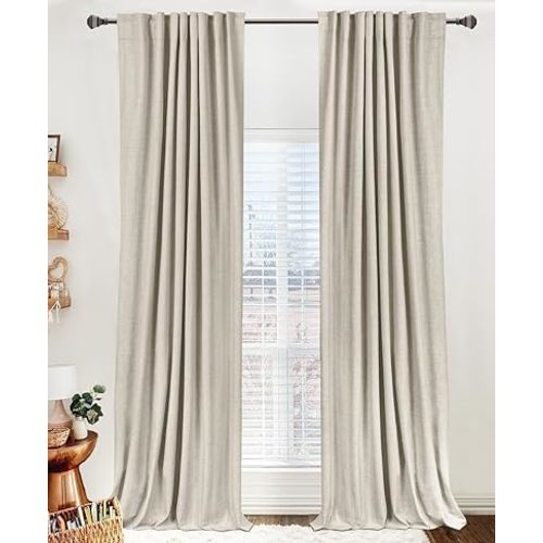 100% Blackout Shield Linen Blackout Curtains for Bedroom 96 Inches Long, Back Tab/Rod Pocket Living Room Drapes, Thermal Insulated Blackout Curtains 2 Panels Set, 50" W x 96" L, Light Oatmeal