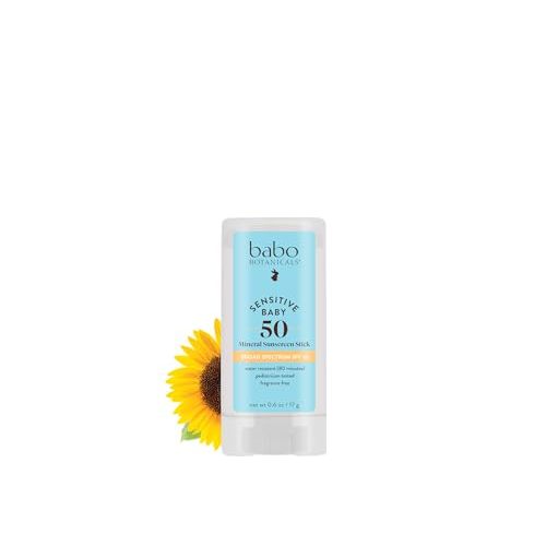 Babo Botanicals Sensitive Baby Mineral Sunscreen Stick SPF 50-70% Organic Ingredients - Zinc Oxide - NSF & Made Safe Certified - EWG Verified - Water Resistant - Fragrance-Free - for Babies & Kids