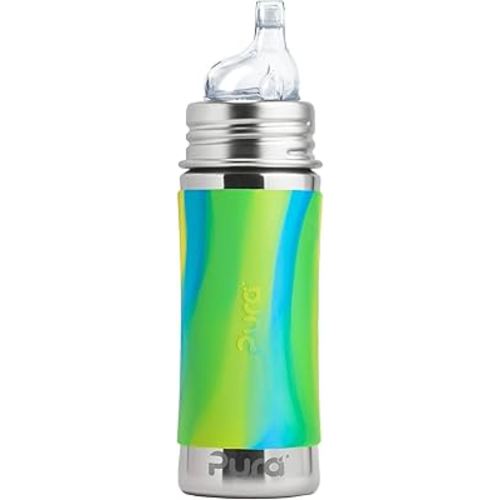 Pura Kiki 11oz/325ml Stainless Steel Sippy Cup Bottle w/Sleeve, Plastic-Free MadeSafe Certified, Medical-Grade XL Silicone Sipper Spout Fast Flow Rate for Kids, Toddlers, Babies & Infant - Aqua Swirl