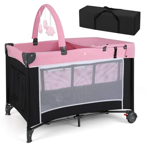 HONEY JOY Pack and Play, 4 in 1 Folding Infant Playpen with Bassinet, Quickly Assembled, Breathable Mesh Fabric, Carry Bag, Diaper Changing Table, Toys, Portable Crib for Babies & Toddlers (Pink)