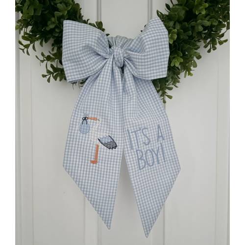 Stork Gingham Bow Wreath Sash - Customized Wreath Sash - Initial Wreath Sash - Personalized Gift - Monogrammed Gift - Baby Shower Gift