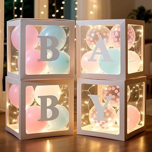 Ledido Baby Boxes with Letters for Baby Shower Decoration, 4 pcs Clear Baby Balloon Boxes Blocks with LED Fairy String Lights 38 Balloons for Boy Girl Gender Reveal Birthday Party (White)