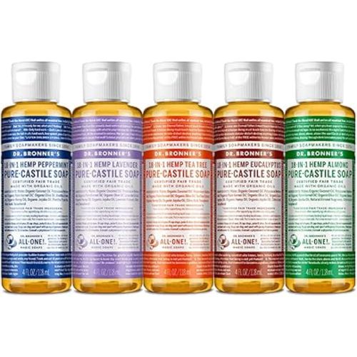 Dr. Bronner's - Pure-Castile Liquid Soap (4 Ounce Variety Pack) Peppermint, Lavender, Tea Tree, Eucalyptus, Almond - Made with Organic Oils, 18-in-1 Uses: Face, Body, Hair, Laundry, Pets & Dishes