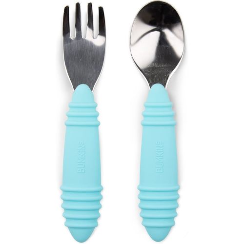 Bumkins Toddler Utensils, Kids Size Fork and Spoon Set, Silicone and Stainless-Steel Training Silverware, Angled Forks / Sporks for Self-Feeding, Children Hold Learning to Eat, 18 Months Up, Blue