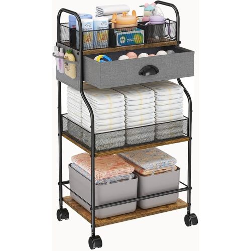 3-Tier Baby Diaper Caddy Cart Organizer with Drawer,Rolling Utility Cart & Bedside Nursery Essential Storage for Newborn Baby Stuff, 2+1 Divider, Baby Storage Organizer for Bedroom,Changing Table,Grib