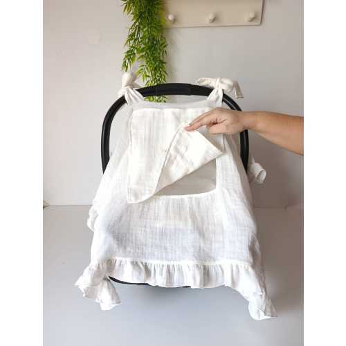 Cotton Muslin Baby Car Seat Canopy Cover, Bow Accents, Stroller Protection