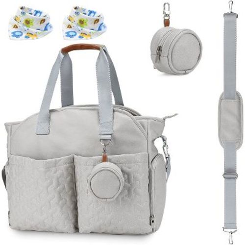 Babyluv"Breast Pump & Diaper Tote Bag with Detachable Strap, Side Pockets, Free Bibs, Compatible with Spectra & Medela"LightGrey