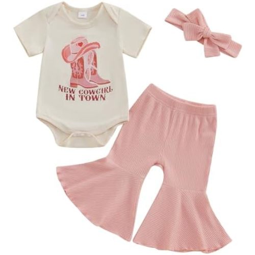 Baby Girls Western Clothes Set Let's Go Girls Bodysuit Ribbed Flared Pants Headband 3pcs Cowgirl Outfit