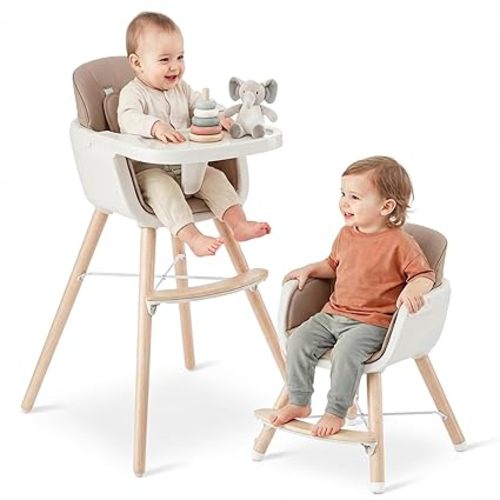 Mallify 3-in-1 Wooden High Chair, Convertible High Chairs for Babies and Toddlers, Baby Highchair with Adjustable Legs & Dishwasher-Safe Tray, Sleek Hardwood & Premium PU Cushion, Beige