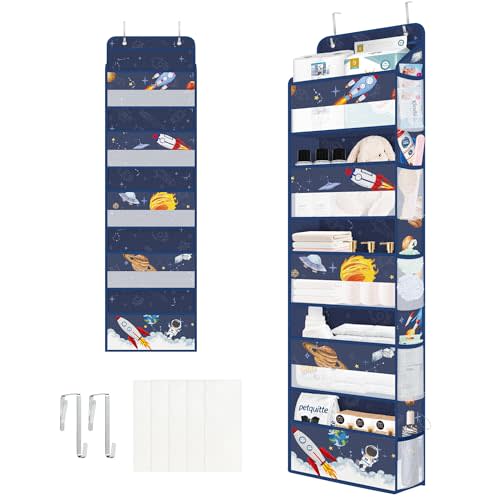 Clastyle Blue Space Over The Door Organizer Storage Planet Rocket 5 Shelves Closet Nursery Hanging Shelves Clothes Diaper Stuffed Animal Toy Storage for Newborn Baby Essential
