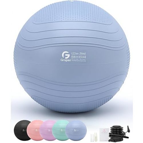 Gruper Yoga Ball, Extra Thick Exercise Ball for Workout Pregnancy Stability - 4 Sizes Anti Burst Balance Ball for Yoga, Pilates, Fitness, Birthing, Physical Therapy - Includes Pump