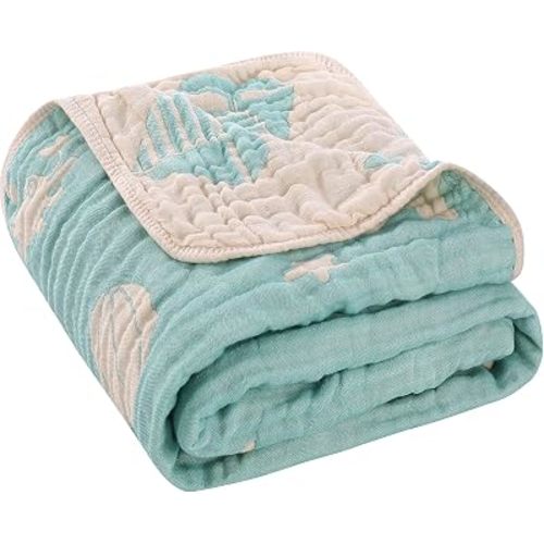 Muslin Baby Blanket Organic Cotton Blend Jacquard (Green Ocean,43")