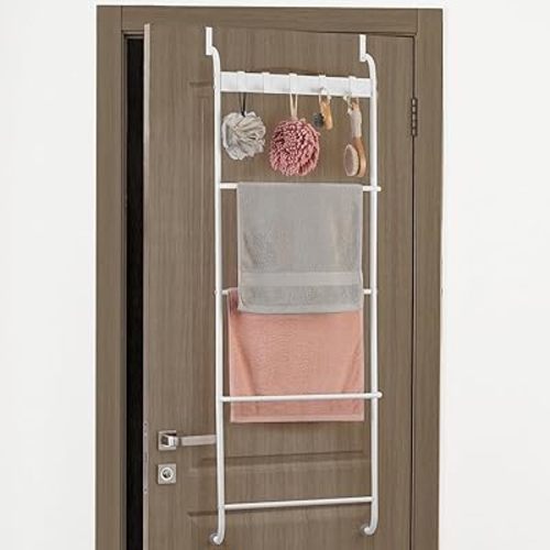 Over The Door Towel Rack 5 Tier Over The Door Towel Bar for Bathroom Towel Holder Over Door Hanger with Hooks Large Metal Towel Blanket for Bedroom Dorm Door (White)