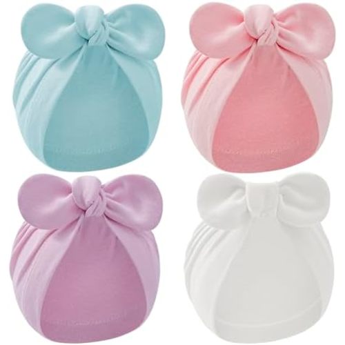 Zando 4PCS Baby Hats with Big Bow Cotton Hat Breathable Newborn Hats for Boys Girls Toddler Hospital Hat Baby Turban 0-2T