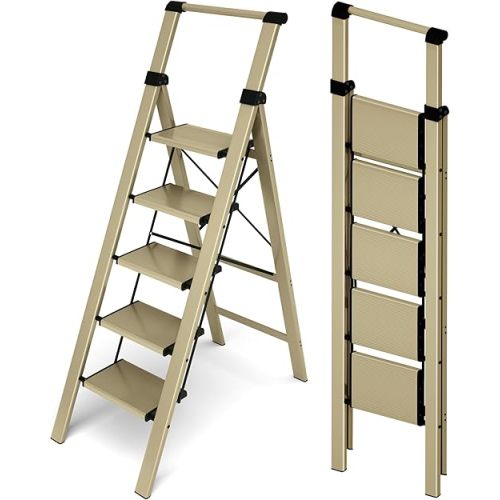 HillhutApex 5 Step Foldable Aluminum Step Ladder with Handgrip, Anti-Slip Pedal, 330 lbs Capacity, Lightweight & Portable for Home, Kitchen, Office, Garage (Gold)