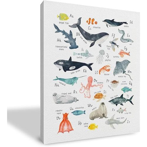 Qvapt Ocean Animals Alphabet Framed Canvas Prints Wall Art,Nautical Ocean Sea Animals Alphabet Wall Art Decor For Nautical Kids Room Nursery Playroom(11x14inch)