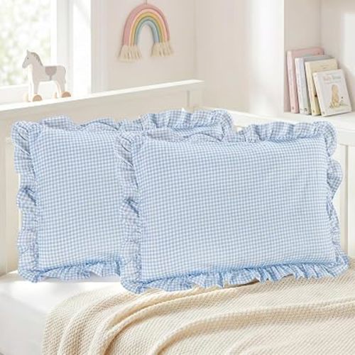 DILIMI Cotton Toddler Pillowcases 13 x 18 inch, 2 Pack Travel Pillow Cases for Kids, Small Pillow Covers with Ruffles for Girls Boys, Soft & Breathable, Envelope Closure Design, Blue Gingham