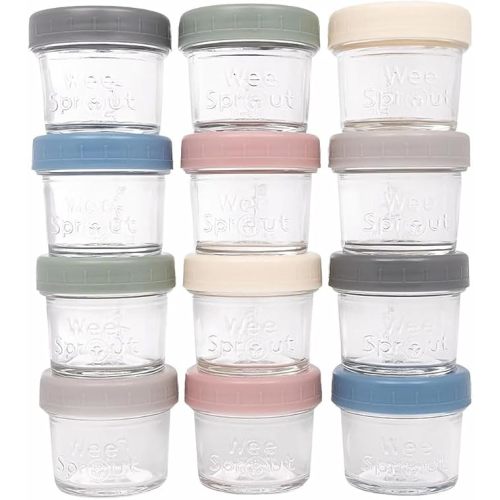 WeeSprout Glass Baby Food Storage Jars w/Lids (4 oz, 12 Pack Set) Snack, Puree, Reusable Small Containers, Breast Milk, Fridge or Freezer, Microwave & Dishwasher Safe, Essential Must Have for Infants