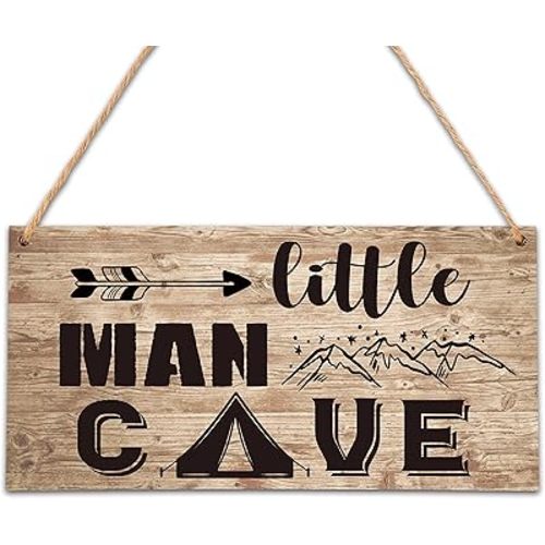 Camping Nursery Decor for Boys Room, Little Man Cave Wood Sign (5"x10"), Natural Baby Room Wall Decor, Woodland Playroom Decor, Gift for Baby Shower, 1 Toddler Kids Bedroom Living Room Hanging Sign With 1 Rope -A04