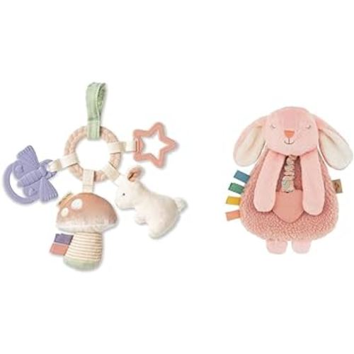 Itzy Ritzy Teething Toy with Braided Ring, Dangling Toys, Textured Ribbons, Crinkle Sound, Jingle Bell and Lovey with Sherpa Fabric, Minky Plush, Dangle Arms, Crinkle Sound, Bunny