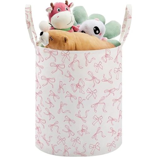 TECHMILLY Large Storage Basket for Girls and Boys, Collapsible Laundry Hamper with Long Handles, Toy Bins for Nursery, Kids Room Décor (Bowknot)