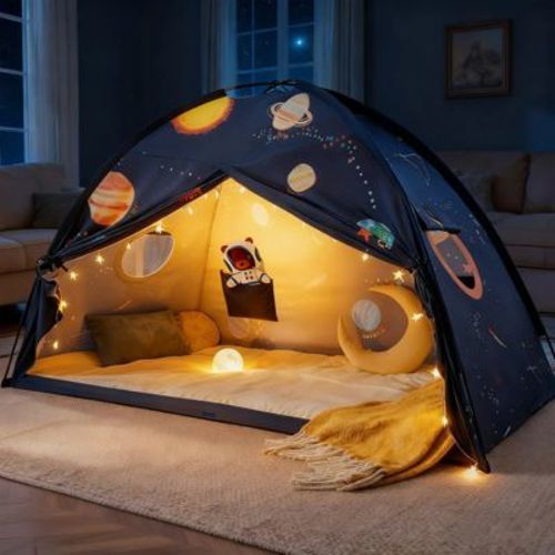 Tiny Land® SpaceNest Bed Tent for Kids - Bed Canopy with 9 Planets Design, Indoor Kids Play Tent & Playhouse