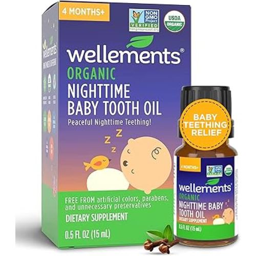 Wellements Organic Nighttime Baby Tooth Oil for 4 Months+ (0.5 Fl Oz) - Baby Teething Relief Oil* for Soothing & Massage for Tiny Gums* - Organic Blend of Essential Oils & Sleepy Time Herbs*