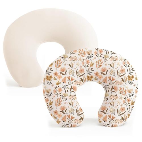 Konssy 2 Pack Nursing Pillow Covers, Stretchy and Soft Nursing Cover for Breastfeeding Pillows, Pillow Slipcover for Baby Girls Boys Newborn (Beige,Watercolour-Flower)