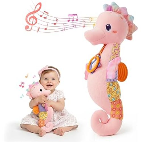 Baby Toys 0-6 Months,Infant Musical Seahorse Stuffed Animals Sensory Toys with Bright Colors,Multiple Textures,Rattles & Crinkle Sound Paper,Soft Tummy Time Toy for Newborn Boys Girls 0-12 Months-Pink
