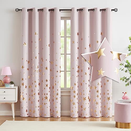 Pink Kids Curtains for Bedroom Star Full Blackout Curtains for Girls Baby Nursery Room, Metallic Gold Stars Romantic Starry Sky Space Theme 100% Blackout Windows Curtains 50"w 84"L, Gold Pink, 2panels