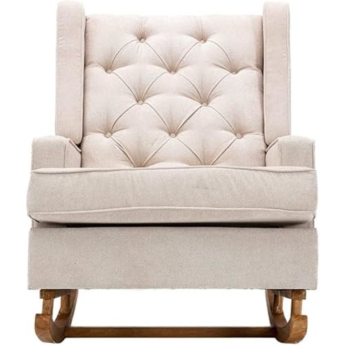 QQU Rocking Chair with Arms, Leisure Teddy Chair Indoor,Comfy High Back Chair with Solid Wood Base, Side Pocket for Living Room,Bedroom,Office (Beige)