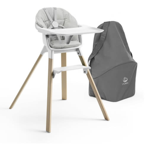 Stokke Clikk High Chair (White) with Clikk Cushion (Nordic Grey) + Travel Bag - Includes Tray & Harness - Light, Durable & Travel Friendly - Best for 6-36 Months or Up to 33 lbs